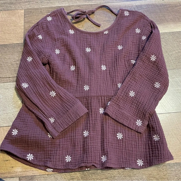 Madewell Flower Flirty Gauzy Peasant Maroon Flowers Long Sleeve Blouse UUU - Picture 1 of 3